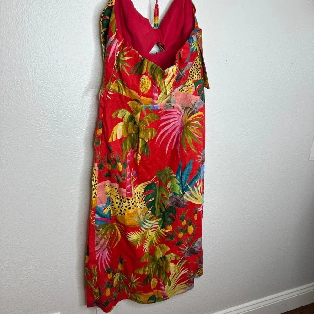 NWOT Farm Rio‎ Tropical Leopard Print Midi Dress Bow Neck Beaded Straps Size M